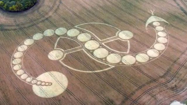 Aerial view of a crop formation depicting a symbol from the Mazzaroth, featuring a series of circles patterned in a specific formation on a brown field. The design resembles an arc with interlinked circles and a tail with a crescent shape. Opens a new window with the video.