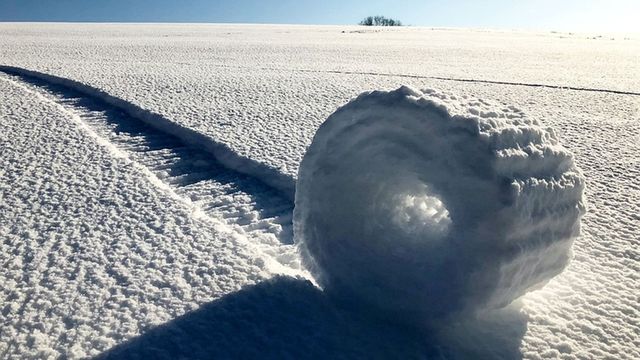 A large, naturally-formed snowball rests on a pristine snow-covered field illuminated by sunlight, with a distinct trail showing its path and a small cluster of trees visible in the distance. Opens a new window with the video.