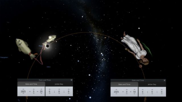 Digital representation of a cosmic setting showing two anthropomorphic figures tethered to rockets, gliding along an arc trajectory among the stars. Each figure is positioned near dialogue boxes displaying specific dates and astronomical Julian Day calculations, suggesting their travel across celestial distances against a backdrop rich with stellar formations and dust clouds. Opens a new window with the video.