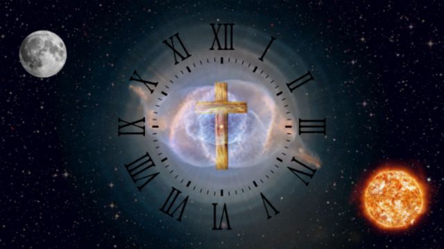 A composition depicting celestial bodies including a detailed full moon to the left and a glowing sun to the right. The center shows a radiant cross within a circle segmented by Roman numerals resembling a clock, set against a starry background. Opens a new window with the video.