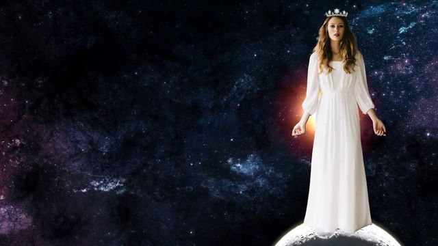 A woman in a flowing white gown and a tiara stands atop a crescent moon against a backdrop of a star-filled cosmic sky. Opens a new window with the video.